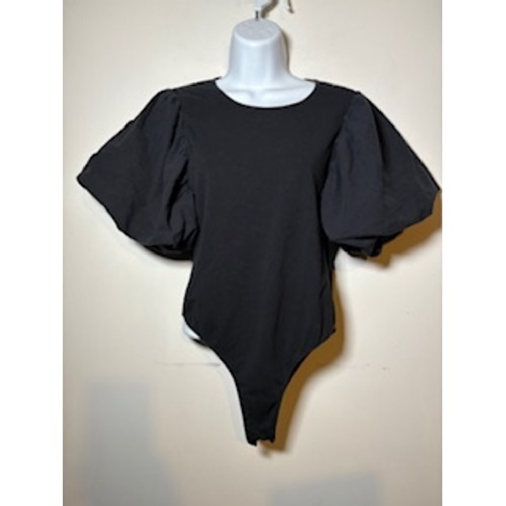 ZARA Bodysuit Black Puff Sleeve Size Large Statement Minimalist Chic Night Out
